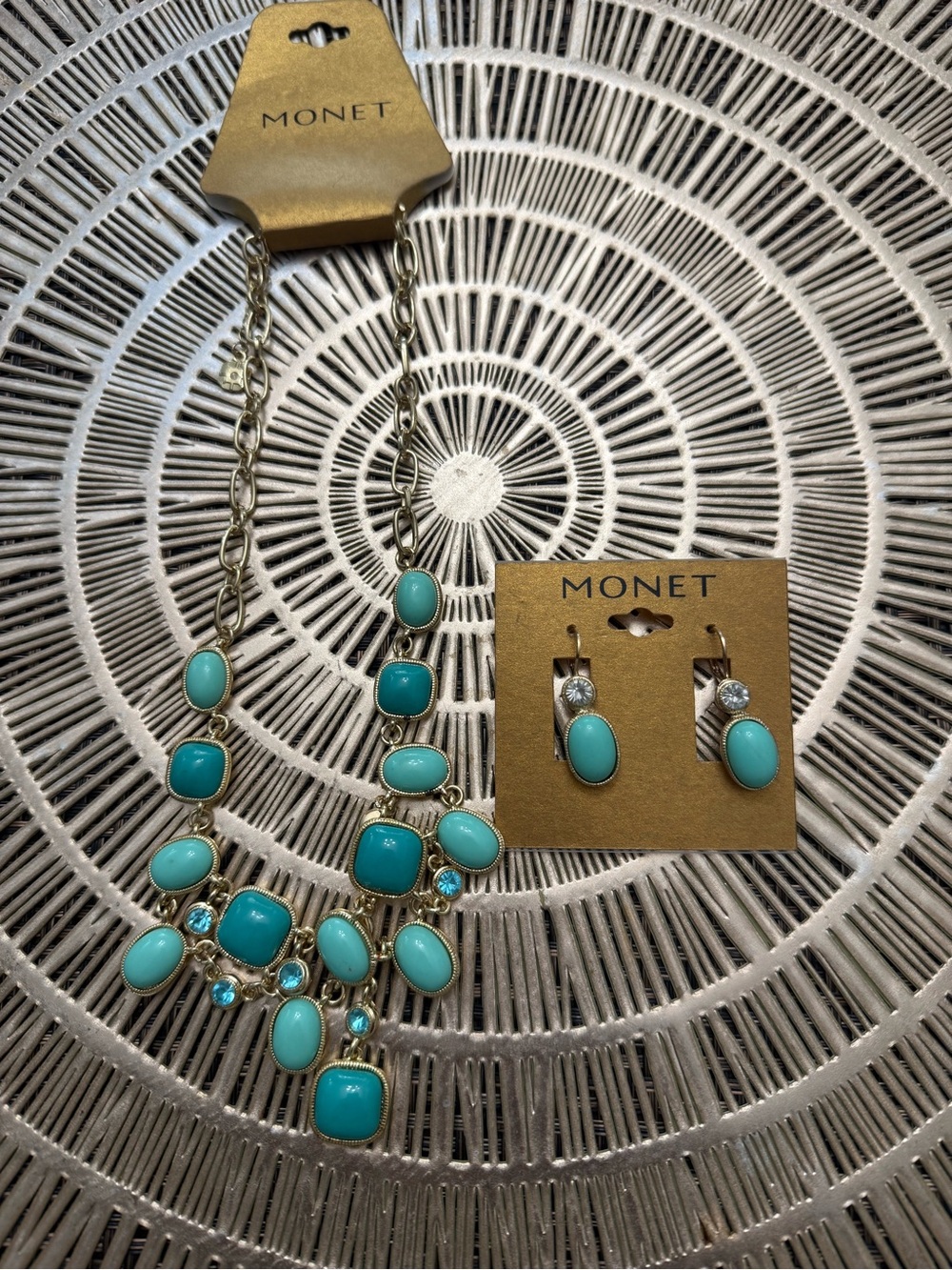Monet Turquoise and Aqua Gold-Tone Statement Necklace with Matching Earrings